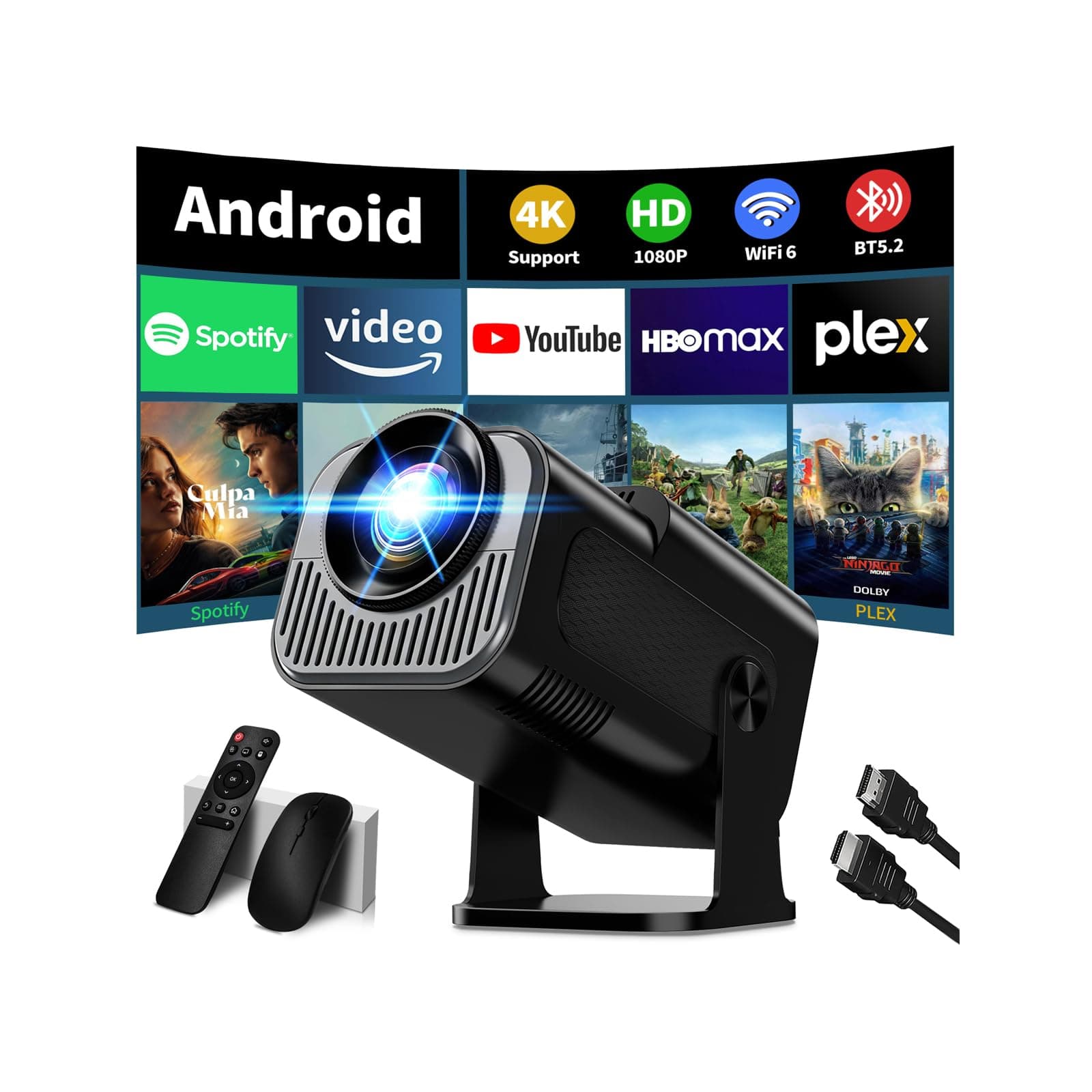 Mini Beamer Unterstützt 4K 1080P, Projektor Tragbarer mit WiFi 6 und Bluetooth 5.2, Beamer Klein Projektor Auto Keystone 270° Dreh Kompatibel mit HDMI/TV Stick/Memory Stick/Laptop, Schwarz Black Angebot bei HelloDeals