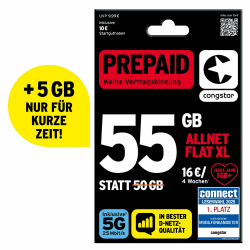 congstar Prepaid ALLNET XL – 55 GB im D-Netz mit 5G (25 Mbit/s), 16€ Startguthaben, Telefon & SMS Flat in alle dt. Netze, EU-Roaming inkl., jedes Jahr 1GB mtl. mehr, ohne Vertrag. Angebot bei HelloDeals