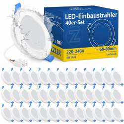ZIZZLER 40er Set LED Einbaustrahler Spots 230V Flach 68-80mm Lochmaß, Warmweiß Deckenspots, IP44 Einbauleuchten für Badezimmer Feuchtraum, 5W 3000K Einbauspots für Küche Schlafzimmer Wohnzimmer Warmweiß(3000k) 40er set Angebot bei HelloDeals