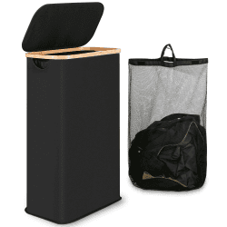 iEGrow Wäschekorb mit Deckel 65L, Wäschekörbe Schmal mit herausnehmbarer und waschbarer Innentasche, Wäschesammler Bambus, Laundry Baskets für Waschküche, Schlafzimmer, Badezimmer (Schwarz) Schwarz 65L Angebot bei HelloDeals