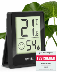 TESTSIEGER FAZ-Kaufkompass – MAVORI® E0345 Digitales Hygrometer Thermometer innen | Präziser Luftfeuchtigkeitsmesser & Raumthermometer für Wohnzimmer, Schlafzimmer, Baby (Schwarz, 1St.) Schwarz 1 Stück Angebot bei HelloDeals