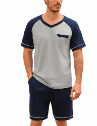 Schlafanzug Herren Pyjama Kurz Shorty Sommer Baumwolle Nachtwäsche Set Kurzarm Männer Schlafanzüge Navyblau L Angebot bei HelloDeals
