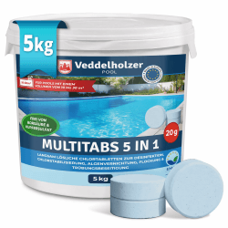 Veddelholzer 5 kg Multitabs 5 in 1 Chlortabletten für Pool als 20g Tabletten für Pools von 10 m³ bis 30 m³Pool Zubehör für Pools langsam lösliche, langzeit Chlor Tabletten 5kg a 20g Multitabs Angebot bei HelloDeals