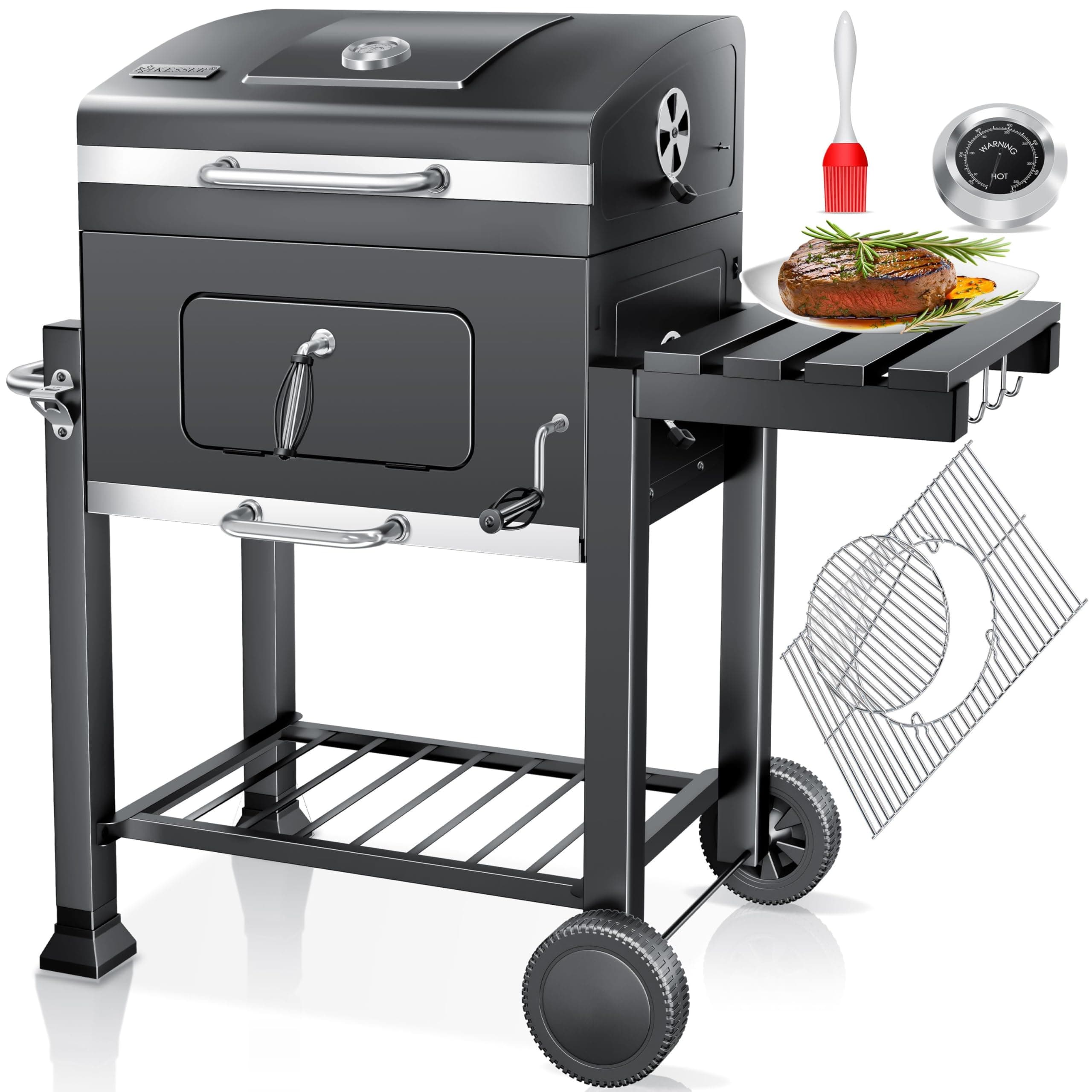KESSER® Grill Grillwagen BBQ Smoker XL Holzkohlegrill mit Deckel, Rädern, Edelstahl-Griff, Grillrost, Thermometer, & Silikon-Pinsel, Standgrill, Kohlegrillwagen XL Grau Angebot bei HelloDeals