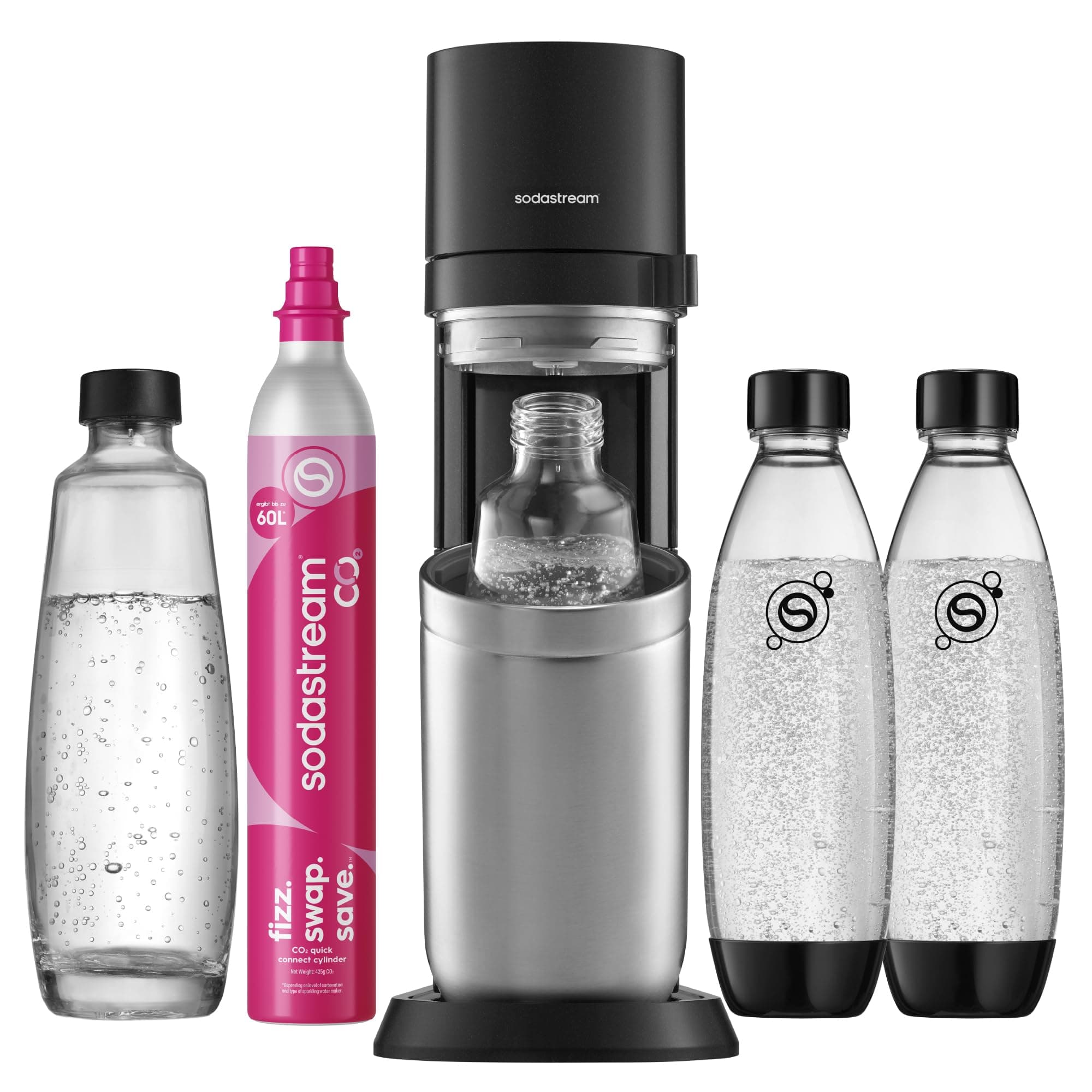 Sodastream Duo Wassersprudler mit Glasflaschen, Sprudelwasser Maschine, Quick-Connect CO2-Zylinder, inkl. 2 Glasflaschen und 2 Kunststoffflaschen, Grau Family Pack (4 Flaschen + 1 Zylinder) Schwarz/Titan Angebot bei HelloDeals