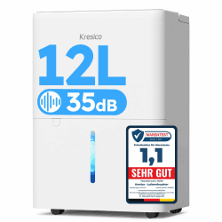 Kresico Luftentfeuchter elektrisch 12L/24h, Entfeuchter elektrisch 35dB, Raumentfeuchter für Räume ca. 122m³/25m², mit Ablaufschlauch, Timer, Filter, auto Abtauen, Kältemittel R290, 10 J. Gar. Angebot bei HelloDeals