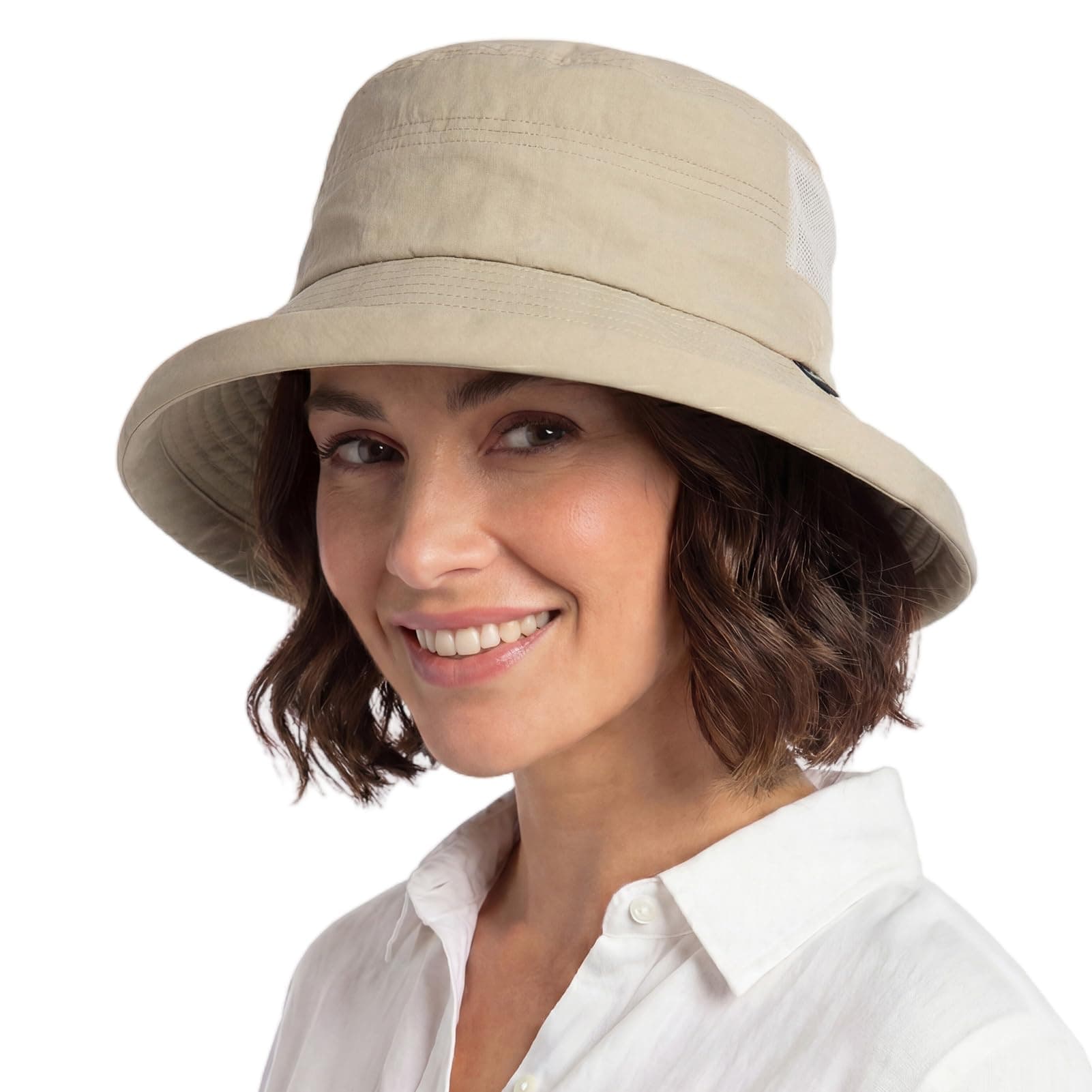 TOP-EX UVCoolix™ Cooling Sonnenhut Damen mit Pferdeschwanz, Sommer UPF 50 Breiter Krempe Fischerhut für UV-Schutz, Wasserdicht regenhut, Bucket Hut mit Kinnriemen, Faltbar, Outdoor Safari L-XL Khaki Angebot bei HelloDeals