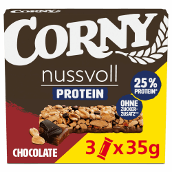 Corny Nussvoll Protein Chocolate | Nussriegel & Proteinriegel ohne Zuckerzusatz | Mit 38% Nüssen & 25% Eiweiß | 3 x 35 g 136mm x 255mm x 131mm Schoko Angebot bei HelloDeals