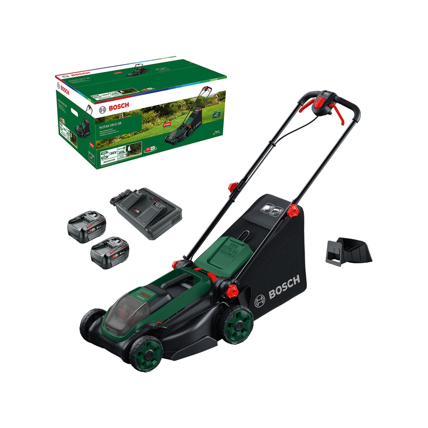 Bosch Akku-Rasenmäher ROTAK18V2-38 (Schnittbreite: 38 cm, Schnitthöhe: 30-75 mm, 40 l Stoff-Grasfangkorb, Mulchstopfen, inkl. 2 x 18V Akku und Ladegerät) 2 Akkus + 1 Ladegerät Angebot bei HelloDeals