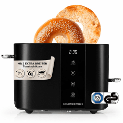 GOURMETmaxx Toaster Kurzschlitz für 2-Scheiben | Schwarzer Toaströster mit 6 Bräunungsgraden und Ready-2-eat-Countdown | Elektrisches Küchengerät mit Touchdisplay, Brötchenaufsatz & Aufwärmfunktion Angebot bei HelloDeals