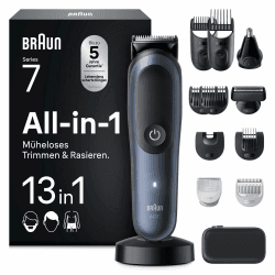 Braun Multigroom All-in-One Series 7, 13-in-1 Trimmer-Set 7, AIO7565, Blau - Barttrimmer, Nasenhaartrimmer, Haarschneidemaschine für Gesicht, Kopf und Körper, 14 Längen, 120 Min. Akku, Wasserdicht Angebot bei HelloDeals