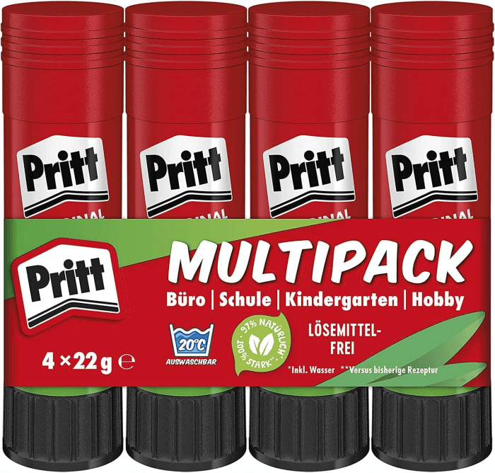 Pritt Klebestift, sicherer und kinderfreundlicher Bastelkleber für Kunst und Bastelarbeiten, starker Kleber für Schule & Bürobedarf, 4x22g Pritt Stift 4 x 22g Angebot bei HelloDeals