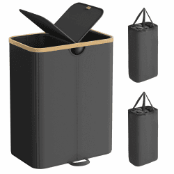 SONGMICS Wäschekorb 2 Fächer, Wäschesammler, 150 Liter, Wäschesortierer mit Deckel, Wäschetonne, Wäschesäcke herausnehmbar, für Waschküche, Schlafzimmer, Wohnzimmer, tintenschwarz-naturbeige LCB523B01 Tintenschwarz + Naturbeige Angebot bei HelloDeals