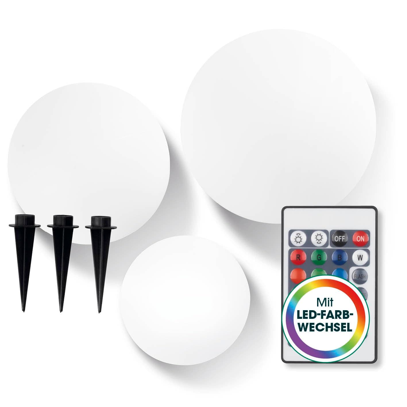 EASYmaxx LED Solarleuchte mit Fernbedienung | 3 kaltweiße Leuchten - Kugeln mit Solarbetrieb & Farbwechsel | dimmbare Helligkeitsstufen, 12 Farben & 5 Leuchtmodi | inklusive Erdspieß & Dämmungssensor Weiß 20, 25 und 30 cm - 3 er Set Angebot bei HelloDeals