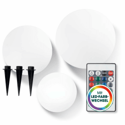 EASYmaxx LED Solarleuchte mit Fernbedienung | 3 kaltweiße Leuchten - Kugeln mit Solarbetrieb & Farbwechsel | dimmbare Helligkeitsstufen, 12 Farben & 5 Leuchtmodi | inklusive Erdspieß & Dämmungssensor Weiß 20, 25 und 30 cm - 3 er Set Angebot bei HelloDeals
