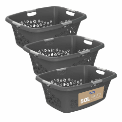 Rotho Flowers 3er-Set Wäschekorb 50l | mit Belüftungslöchern | mit 4 Griffen für bequemes Tragen | robust & langlebig | einfach zu reinigen & hygienisch | anthrazit Angebot bei HelloDeals