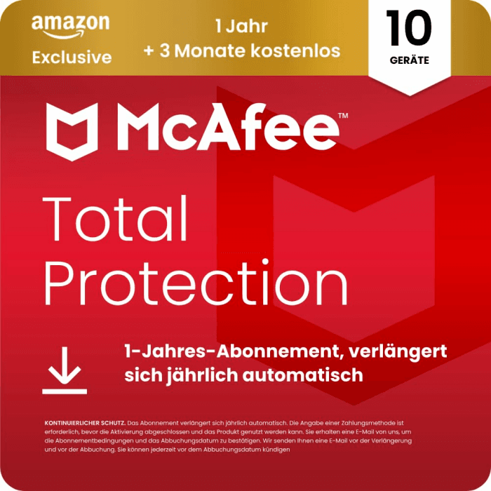 McAfee Total Protection 2026 (10 Geräte), 15 Monate Amazon Exklusiv | Virenschutz, VPN, Betrugsschutz, Sicherheitssoftware, Identitätsüberwachung | Abonnement mit automatischer Verlängerung | Download Digital Download 15 Monate 10 Geräte Amazon Exklusiv Angebot bei HelloDeals