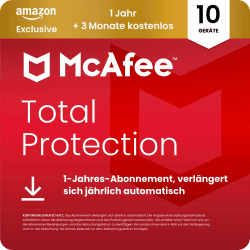 McAfee Total Protection 2026 (10 Geräte), 15 Monate Amazon Exklusiv | Virenschutz, VPN, Betrugsschutz, Sicherheitssoftware, Identitätsüberwachung | Abonnement mit automatischer Verlängerung | Download Digital Download 15 Monate 10 Geräte Amazon Exklusiv Angebot bei HelloDeals