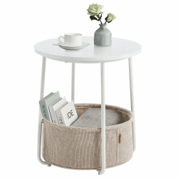 VASAGLE LILEA Kollektion - Beistelltisch rund, Kleiner Tisch, Couchtisch klein, Wohnzimmertisch, Korb aus Stoff, Stauraum für Wohnzimmer Schlafzimmer, Nachttisch modern, mattweiß-Kamelbraun LET223W10 Mattweiß + Kamelbraun Angebot bei HelloDeals