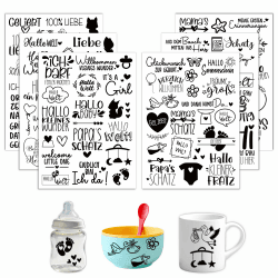 Rub-On Sticker Set Geburt & Baby Sprüche – Abreibebilder Aufkleber Babyshower Deko, Hallo Welt, Storch, Meil​​ensteine, Schwarze Sticker für Scrapbooking, Geburtskarten & Erinnerungsbox Angebot bei HelloDeals