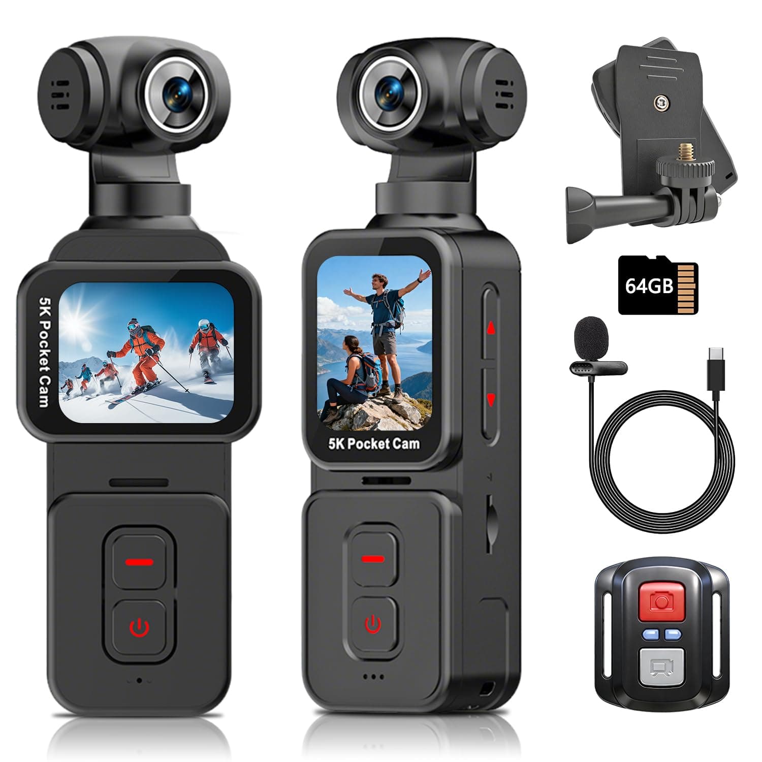 Vlog Kamera mit motorisiertem 270°-Drehobjektiv und Face Tracking, 5K Mini Bodycam Körperkamera für POV-Aufnahmen, Reisen und Alltag, inkl. Clip, Mikrofon, Fernbedienung, 64 GB Speicherkarte Angebot bei HelloDeals