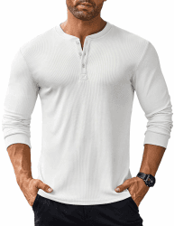 COOFANDY Langarmshirts für Herren Henley Shirt Longsleeve Tshirt mit Knopfleiste Langarm Shirt Long Sleeve T-Shirt Gerippt Henley Pullover L Weiß Angebot bei HelloDeals