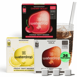 waterdrop® Soda Set - 36 zuckerfreie Drops mit prickelndem Cola, Kirsch & Zitronen Geschmack - vitaminreicher Durstlöscher - spritzige Alternative zu Limonade, Sirup, Getränkepulver & Flavour Drops Cola, Zitrone & Cherry Boost Angebot bei HelloDeals