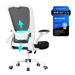 SONGMICS Bürostuhl ergonomisch, Drehstuhl mit Mesh, Lendenstütze, Wippfunktion, 53 cm große Sitzfläche, klappbare Armlehnen, Arbeits- und Schlafzimmer, Studenten, schwarz-weiß OBN37WT Schwarz + Weiß Ohne Kopfstütze Angebot bei HelloDeals