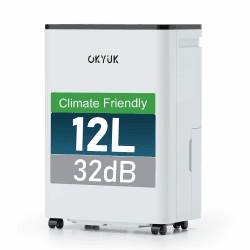 OKYUK Luftentfeuchter 12 Liter/Tag, geeignet für Räume von ca. 90 Kubikmetern (30 Quadratmetern), Luftentfeuchter Elektrisch，automatische Abtauung, 32dB, Kältemittel R290, PD12R-03DE Angebot bei HelloDeals
