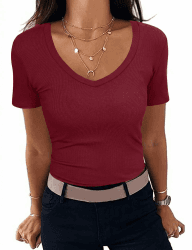 Aottori Damen T-Shirt V-Ausschnitt Elegant Oberteile Kurzarm Gerippt Basic Tee Shirts Slim Fit Tshirt Stretch Casual Sommer Tops Weinrot M Angebot bei HelloDeals