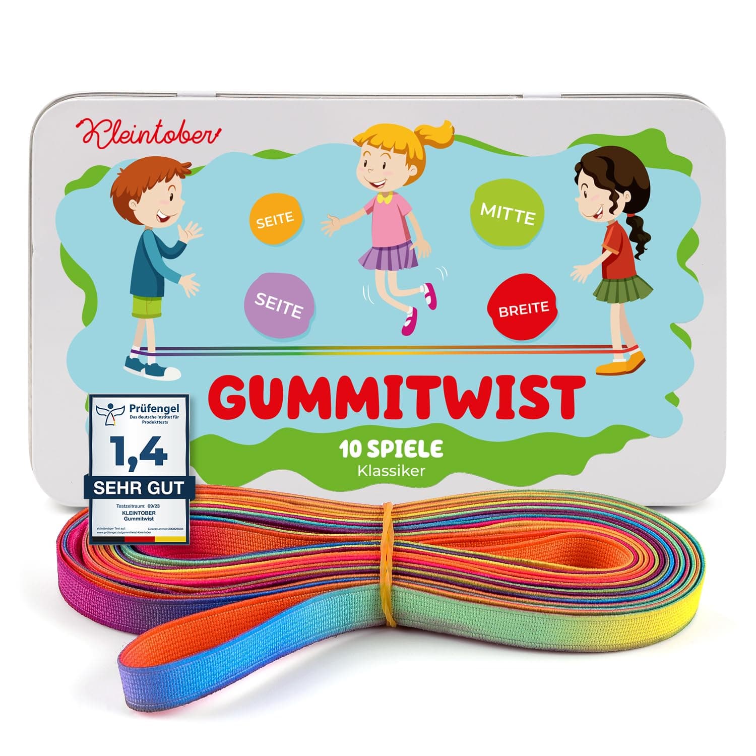 Kleintober I Premium Gummitwist Kinder I mit Anleitung für Spiele I Hüpfgummi I Twister I Indoor und Outdoor Spielzeug I Regenbogen Band I für Mädchen & Jungs I Gummitwist I Kinder-Edition - Unikat Angebot bei HelloDeals