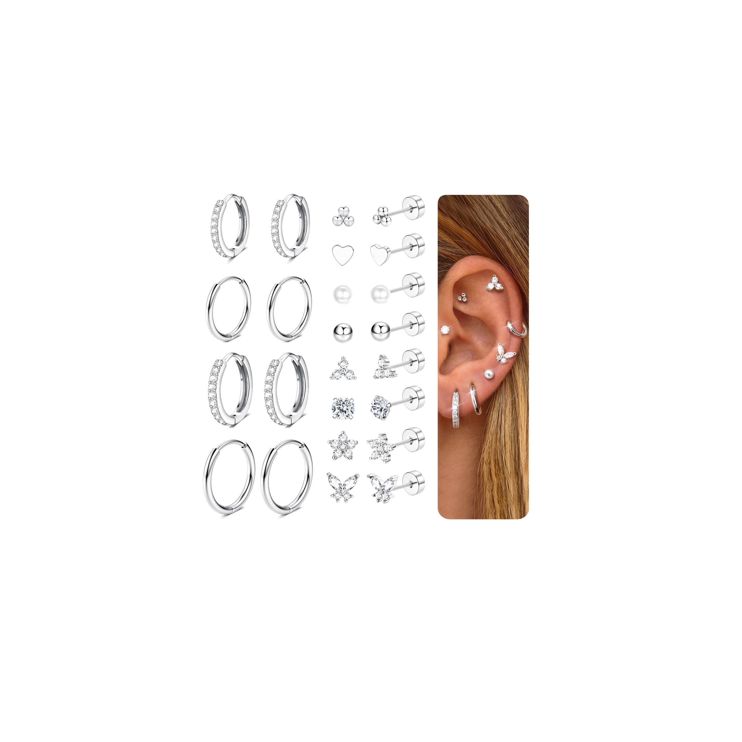 CASSIECA 12 Paar Ohrringe Gold Silber Set, 316L Chirurgenstahl Ohrringe für Damen Herren Medizinische Ohrstecker und Creolen für Mehrfachpiercing 14K Vergoldet Helix Tragus Piercing Ohr Gold Silber Silber-Mode Set Angebot bei HelloDeals