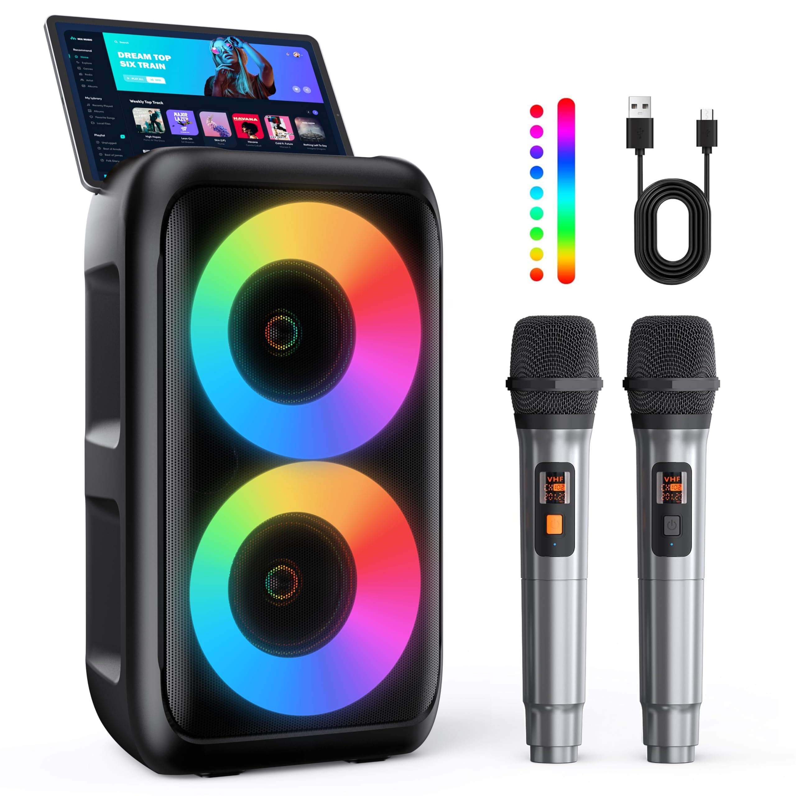 Karaoke Maschine mit 2 kabellosen Mikrofonen – 2x10W Tragbarer Bluetooth Lautsprecher, unterstützt TWS/AUX/USB/FM für TV, Smartphone & Tablet – Ideal für Party, Geburtstag & Reisen (Mic2) Angebot bei HelloDeals