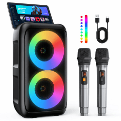 Karaoke Maschine mit 2 kabellosen Mikrofonen – 2x10W Tragbarer Bluetooth Lautsprecher, unterstützt TWS/AUX/USB/FM für TV, Smartphone & Tablet – Ideal für Party, Geburtstag & Reisen (Mic2) Angebot bei HelloDeals