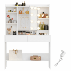 VASAGLE Schminktisch mit Beleuchtung, einstellbare Helligkeit, Frisiertisch mit Spiegel, Kosmetiktisch mit verstellbaren Ablagen, 2 Schubladen, modern, wolkenweiß RDT126W01 Weiß Glühbirne-Schminktisch Angebot bei HelloDeals