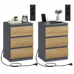 VASAGLE Kailyn Kollektion - Nachttisch mit Steckdosenleiste, 2er Set, Beistelltisch, 3 Schubladen, 2 AC-Steckdosen, 2 USB-A-Anschlüsse, modern, schiefergrau-naturbraun LET831G01 2 Schiefergrau + Naturbraun Angebot bei HelloDeals