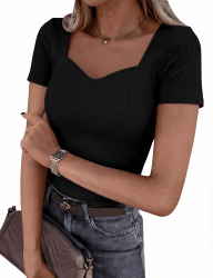 Aottori T-Shirt Damen V-Ausschnitt Kurzarm Oberteile Sommer Tshirt Elegant Basic Gerippt Tee Shirts Slim Fit Stretch Einfarbig Tops Schwarz S Angebot bei HelloDeals