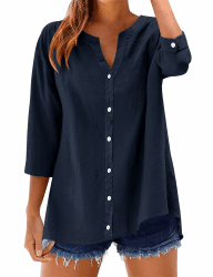 Rapbin Damen Bluse 3/4 Ärmel Baumwolle Leinenbluse V-Ausschnitt Knopfleiste Uni Tunika Hemd Casual Locker Aufrollbare Ärmel Marineblau M Angebot bei HelloDeals