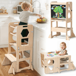 Woodure Lernturm ab 1 Jahr | 3 in 1 Learning Tower für Kinder | Klappbare Tritthocker mit Tafel | Lernturm Für Kinder, für Küche Tisch Bad X Angebot bei HelloDeals