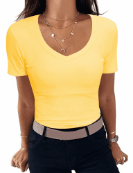Aottori Damen T-Shirt V-Ausschnitt Elegant Oberteile Kurzarm Gerippt Basic Tee Shirts Slim Fit Tshirt Stretch Casual Sommer Tops Gelb L Angebot bei HelloDeals