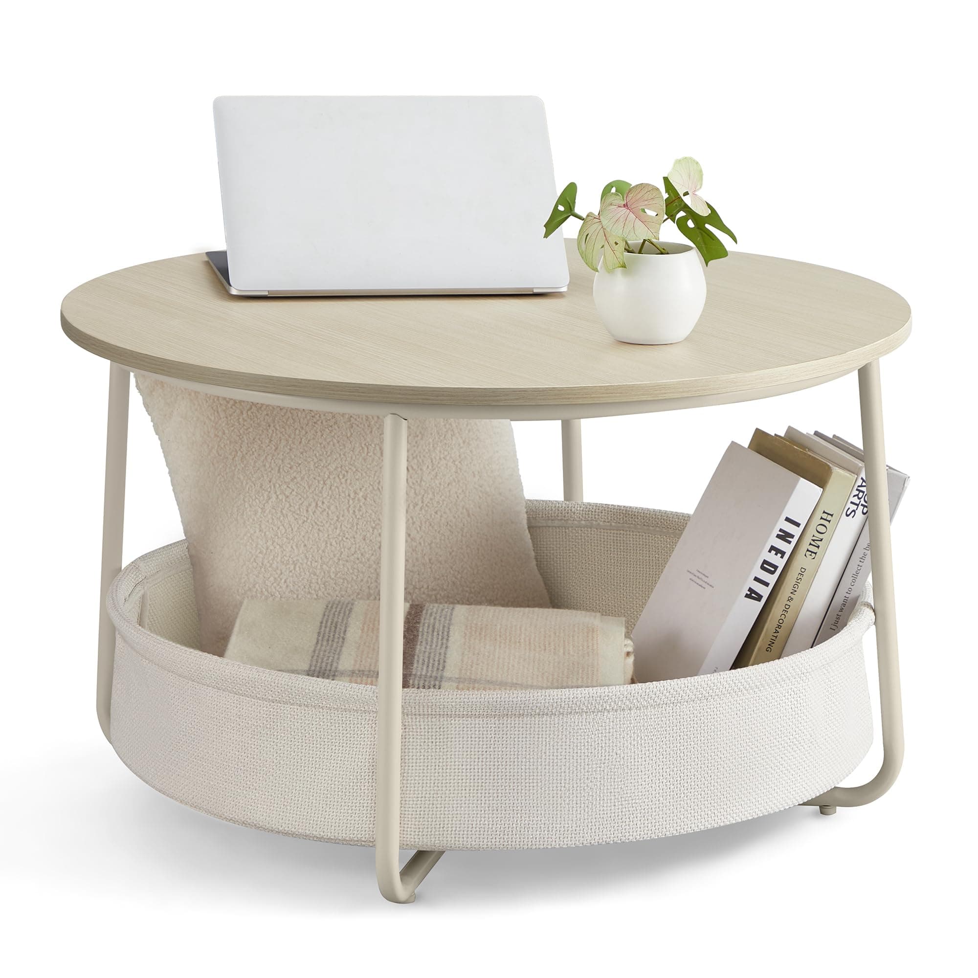 VASAGLE LILEA Kollektion - Couchtisch rund, Tisch mit Stauraum, Beistelltisch, Wohnzimmertisch mit Korb aus Stoff, modern, Metallrahmen, naturbeige-cremeweiß LCT244K01 Naturbeige + Cremeweiß rund Angebot bei HelloDeals