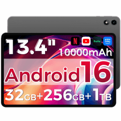 2026 Tablet 13.4 Zoll Android 16 Tablet, 32GB RAM+256GB ROM/1TB TF, 10000mAh Tablet Octa-Core 1920 * 1200 IPS, 5+16MP/GPS/Widevine L1/18W Schnellladung Grau Angebot bei HelloDeals