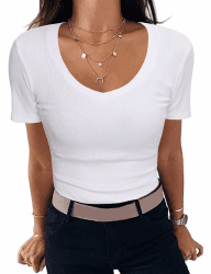 Aottori Damen T-Shirt V-Ausschnitt Elegant Oberteile Kurzarm Gerippt Basic Tee Shirts Slim Fit Tshirt Stretch Casual Sommer Tops Weiß M Angebot bei HelloDeals