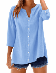 Rapbin Damen Bluse 3/4 Ärmel Baumwolle Leinenbluse V-Ausschnitt Knopfleiste Uni Tunika Hemd Casual Locker Aufrollbare Ärmel Himmelblau S Angebot bei HelloDeals