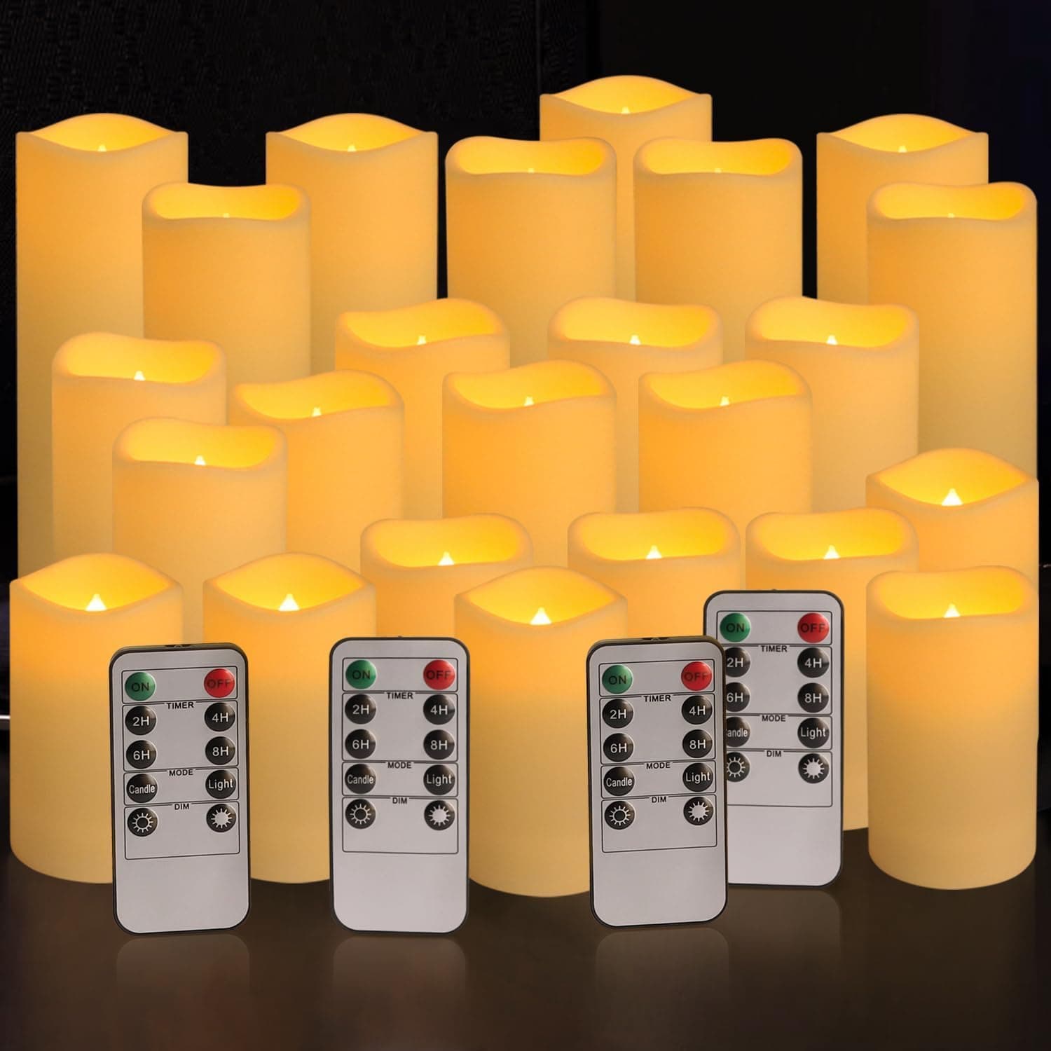 LIVEN Set mit 24 wasserdichten flammenlosen Kerzen für den Außenbereich, LED-Kerzen mit 4 Fernbedienungen und Timer, (H 10,2 cm, 12,7 cm, 15,2 cm x T 5,6 cm), für Halloween, Weihnachten, Hochzeitsfest 24 Ivory Angebot bei HelloDeals