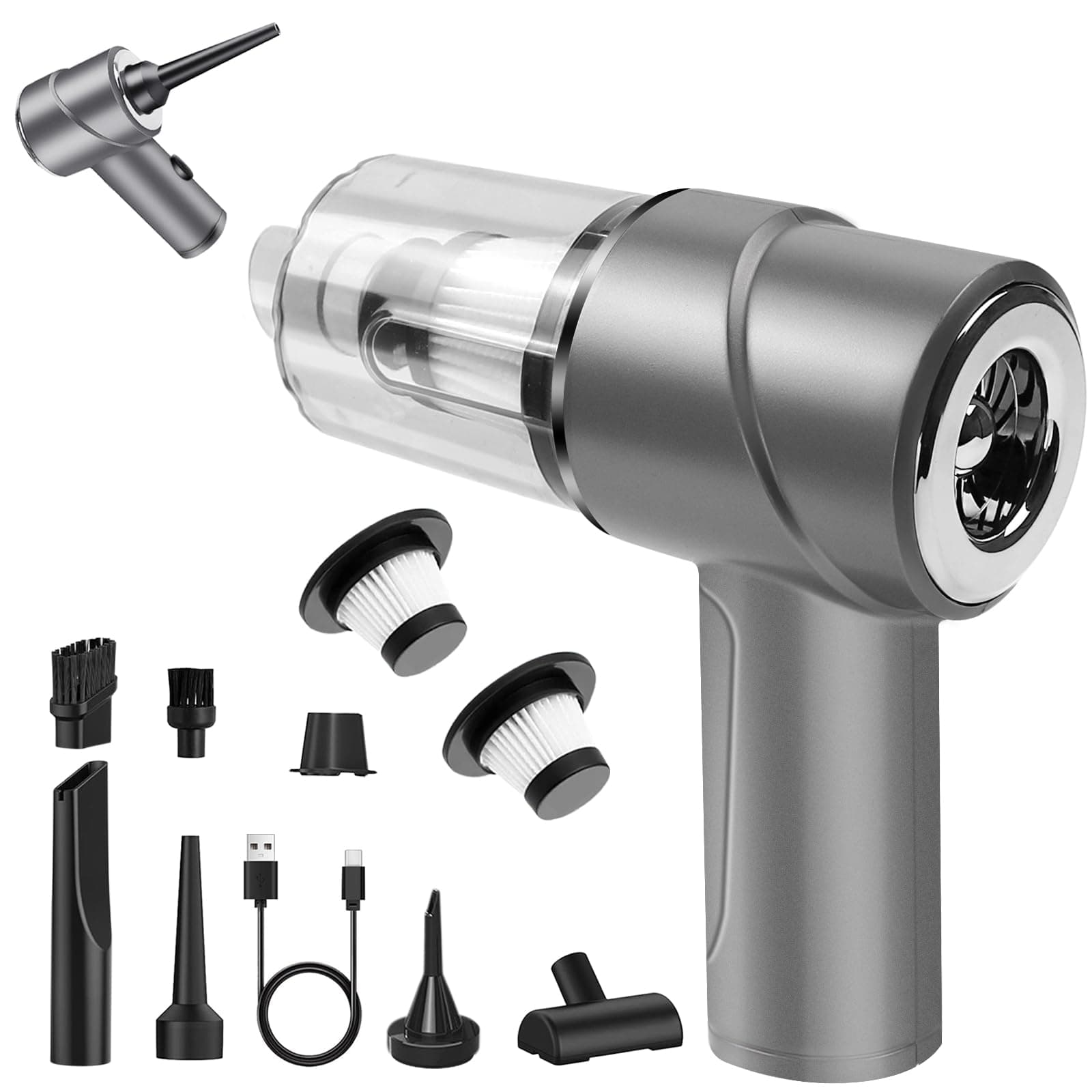 Handstaubsauger Akku Kabellos 12000PA 4 in 1 Mini Autostaubsauger mit 2 Waschbar HEPA-Filter Für den Auto, Haus, Küche, Aufladbar Tragbar Leicht Akkustaubsauger Silber Angebot bei HelloDeals