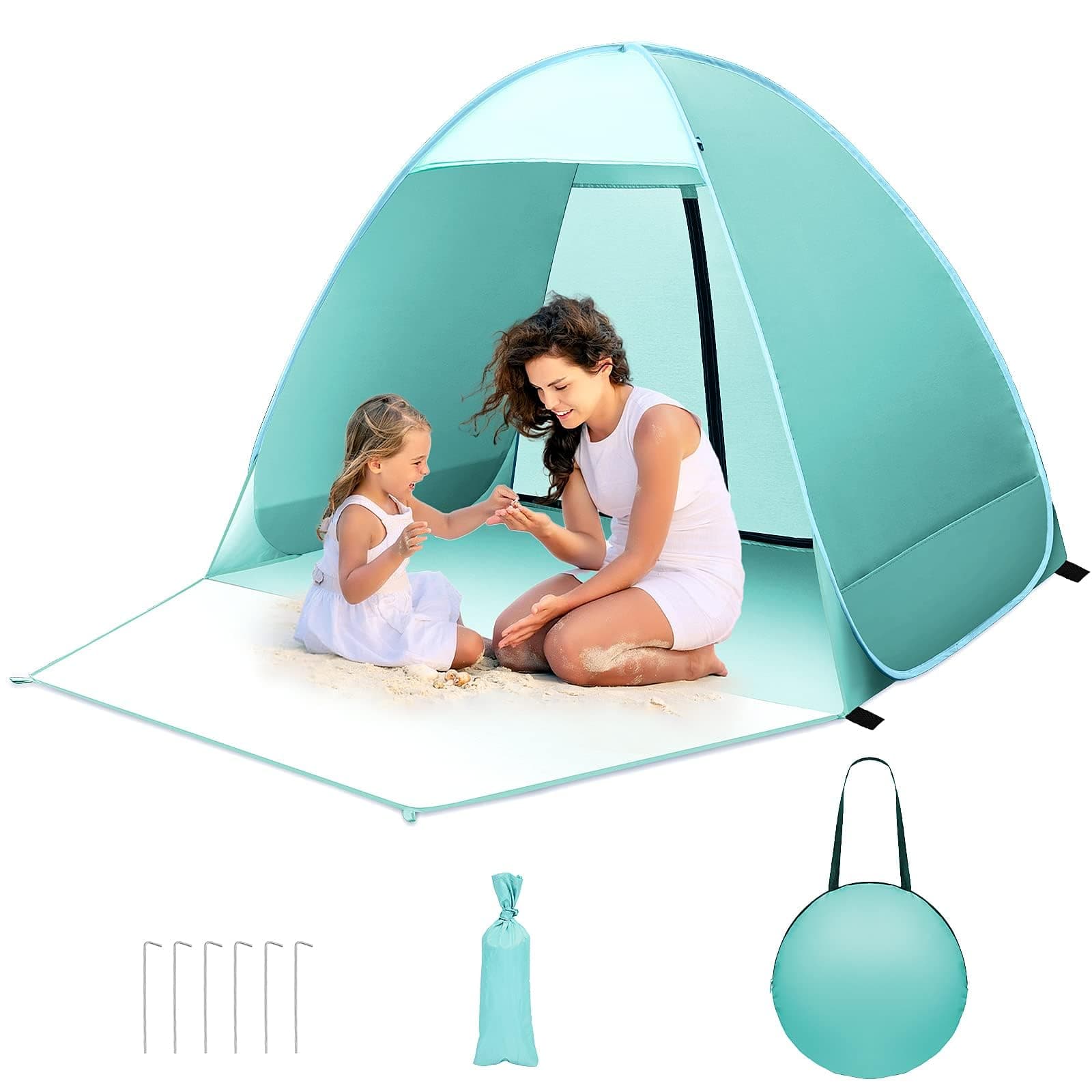 Pop up Strandmuschel, 2-3 Personen Familie Zelt UV Schutz UPF 50+ Strandzelt Wurfzelt mit Reißverschluss Hintertür, Vordertür mit Schnallen Kleines Packmaß für Sonnenschutz Strand, Garten Grün Angebot bei HelloDeals