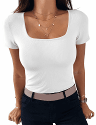 Aottori Tshirt Damen Eckigem Ausschnitt Sommer Oberteile Kurzarm Gerippt Basic Tee Shirts Slim Fit Elegant T-Shirt Stretch Casual Einfarbig Tops Weiß L Angebot bei HelloDeals