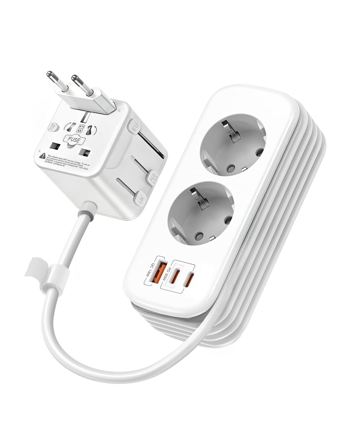 Reiseadapter Weltweit mit 1,8 m Kabel & Kabelaufwicklung am Gehäuse, 2 Schuko-Steckdosen, 30W PD, 2X USB-C + 1x USB-A, Universal Reisestecker für EU UK US AU, für Reise Hotel & Büro Angebot bei HelloDeals