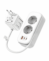 Reiseadapter Weltweit mit 1,8 m Kabel & Kabelaufwicklung am Gehäuse, 2 Schuko-Steckdosen, 30W PD, 2X USB-C + 1x USB-A, Universal Reisestecker für EU UK US AU, für Reise Hotel & Büro Angebot bei HelloDeals